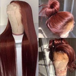 Reddish Brown Lace Front Human Hair Pre Plucked Dark Red Bone Straight 13 4 13 6 HD frontal Wig On Sale Clearance 240126