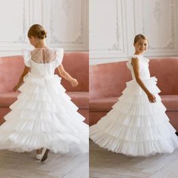 Girl Dresses White Layered Boho Flower Dress For Wedding Princess Tulle Sleeveless Kids Elegant First Communion Ball Gown Party