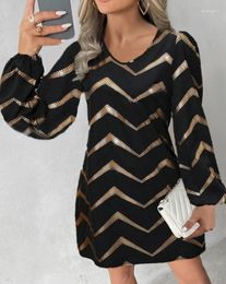 Casual Dresses Womens 2024 Spring Fashion Colorblock Stripe Print V-Neck Long Sleeve Daily Mini A Line Dress Woman Clothing