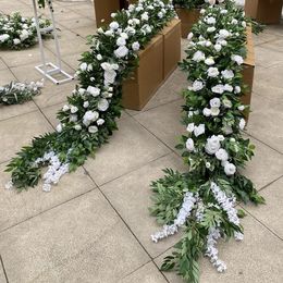 High Quality Green Leaf With White Flowers Table Runner Garland Flower Arrangement Table Runners Wedding 368