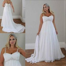 Plus Size Casual Beach Wedding Dresses 2020 Spaghetti Straps Beaded Chiffon Floor Length Empire Waist Elegant Bridal Gowns2821