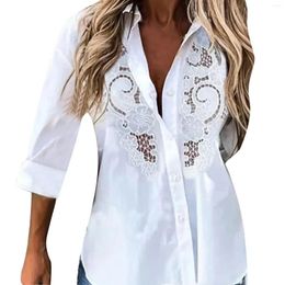 Women's Blouses Casual Flower Lace Shirts Spring Autumn Panel Long Sleeve Turn Down Collar Button Up Blouse Commuting Office Lady Oversized