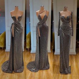 New Sexy Long Sleeve Split Side Silver Mermaid 2020 Prom Dresses Sequined Formal Evening Gowns robe de soiree Abendkleider243g