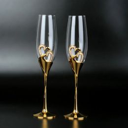 Wedding Crystal Champagne Glasses Gold Metal Stand Flutes Wine Glasses Goblet Party Lovers Valentine's Day Gifts 200ml