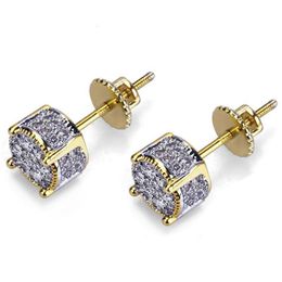 Hip Hop New Custom Iced Out Gold Colour Micro Paved Zircon Square Stud Earring with Screw Back Bling Jewellery for286v