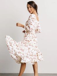 Party Dresses Casual Women's Dress Vintage Floral Print Midi Half Sleeve Square Collar Elegant Female 2024 Spring Summer Ladies Robe