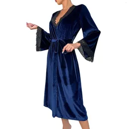 Women's Sleepwear Ladies Elegant Nightgowns Soft Velvet Lace Panel Long Bathrobe Casual V Neck Up Waisted Loungewear