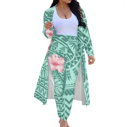 Women's Trench Coats Comfortable Clothing Polynesian Tattoo Print Cardigan With Trousers Casual Coat Spring And Autumn 2 Pieces Of