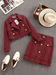 Fall Winter Small Fragrance Vintage Tweed Two Piece Set Women Single-Breasted Woollen Short Jacket Coat Mini Skirt 2 Piece Set 240124