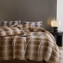 Bedding Sets Faux Winter Bed Linen Stripe Fleece Double Comforter Set Cover Full Quilt Duvet Sheets