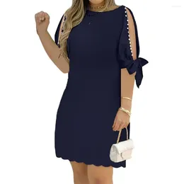 Casual Dresses Round Neck Dress For Women Autumn Soft Breathable Women's Knee Length Midi With Hollow Out Three Quarter Lady