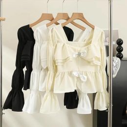 Women's Blouses French Chic Women Blouse Arrival Square Collar Flounced Edge Long Flare Sleeve Bow Loose Shirts Autumn Casual Tops Drop