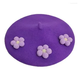 Berets Ladies Autumn Winter Ball Flowers DIY Woolen Beret Hat French Artist Beanies Women Handmade Cute Painter Cap