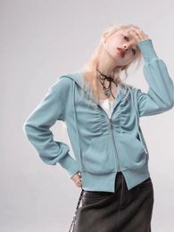 Women's Hoodies American Streetwear Y2k Solid Color Zipper Kangaroo Pocket Sweatshirts Crop Tops Harajuku Vintage Clothing 2024
