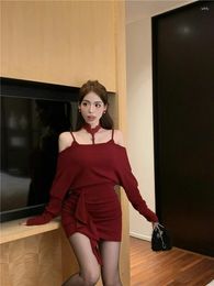 Casual Dresses Sweet Girl Red Knitted Wrap Hip Dress For Women's Winter Solid Color Pure Sexy Off Shoulder Slim Fit Female Clothes