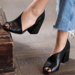 Sandals Women High Heels Retro 2024 Thick Heel Fish Mouth Leisure Side Empty Roman Pumps Female Shoes Beige Black Brown