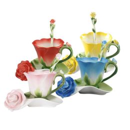 3D Rose Shape Flower Enamel Ceramic Coffee Tea and Saucer Spoon High-grade Porcelain Cup Creative Valentine Gift Design258x