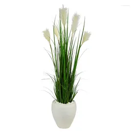 Decorative Flowers 4.5' Wheat Plume Grass Artificial Plant In White Planter Green