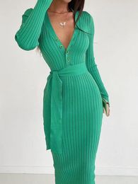 Casual Dresses Vintage Knitted Sweater Long Sleeve Women Bodycon Korean Elegant Fall Winter V Neck Midi Woman Dress With Belt