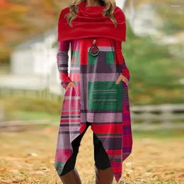 Casual Dresses Digital Print Sweatshirt Retro Dress Colorblock Shawl Collar Women's Midi With Irregular