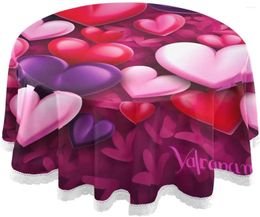 Table Cloth Valentine's Day Heart Romantic Round With Lace Washable Cover For Holiday Picnic Dinner Decor Diameter 60 Inch