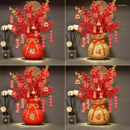 Decorative Flowers Chinese Year Decoration Red Fortune Fruit Artificial Golden Eucalyptus Leaf Lucky Flower Money Bag Tabletop Bonsai
