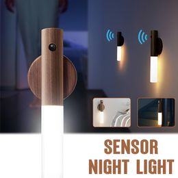 Creative Good Stick Smart Human Sensor Light Home Simple Wood Grain Wall Lamp Bedroom Corridor Usb Charging Night Light