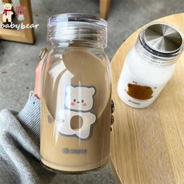 450ml Cartoon Bear Glass Water Bottle Thick Heat Resistance Drinking Bottles Cute Milk Coffee Tumblers for Student Girl Gift 211022115