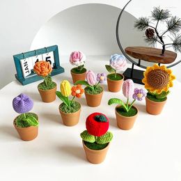 Decorative Flowers Crocheted Artificial Sunflower Rose Tulip Desktop Small Ornament DIY Gift Simulation Bonsai Potted Home Decoration