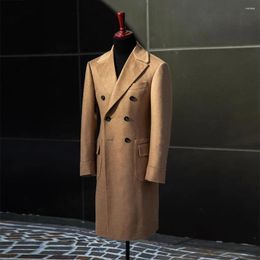 Men's Suits Brown Suit Jackets For Men Tweed Woolen Blend Trench Coat Long Custom Made Double Breasted Overcoat Groomsman Blazer Sets 2024