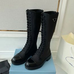 2024 Black stitching nylon high barrel combat boots with knee high lace up upper, circular toe, flat edge logo, triangle decoration, factory shoes, luxury designer shoes