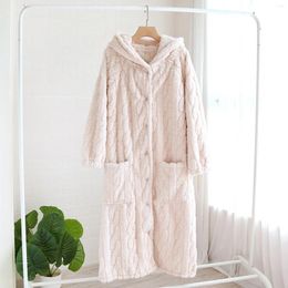 Women's Sleepwear Loose Hooded Robe With Thick H Long Autumn/Winter Coral Fleece Bathrobe Big Pockets Winter House Coats Female