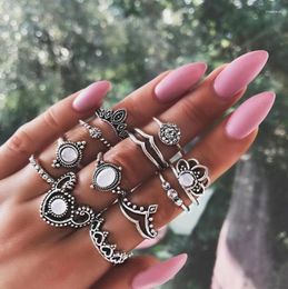 Cluster Rings 12 Pcs/Set Bohemian Vintage Crown Crystal Opal Lotus Flower Set Geometric Women's Charm Knuckle Ring Party Jewellery Gift