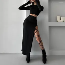 Casual Dresses Sexy Side Slip Drawstring Women Dress Black Two Piece Set Ladies Club Party Vestido Full Sleeve Shirt Bustier Clothes