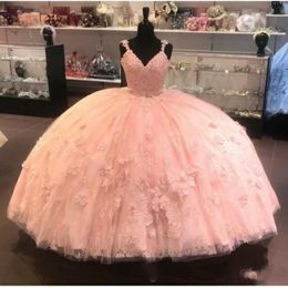 2020 Stunning Blush Pink Ball Gown Prom Quinceanera Dresses Beads Lace Applique Spaghetti Sweetheart Backless Sweet 16 Dress Vesti221E