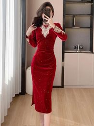 Casual Dresses Elegant Red Black Party Velvet Bodycon Dress Women's Mandarin Collar Golden Embroidery Vestidos Female Shinny Cheongsam