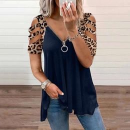 Designer women's clothing New women's V-neck zip Pullover printed short sleeve loose T-shirt women's top summer fashion ladies blouses Plus size woman clothesPOEQ