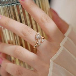 Cluster Rings Delicate Tulip Bud For Women Temperament Zircon Rose Flower Adjustable Opening Ring Elegant Wedding Party Fashion Gifts