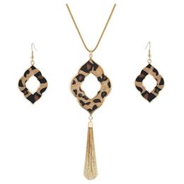 Earrings & Necklace Long For Women Leopard Print Cheetah Leather Drop Dangle Set Geometric Pendant Fringe Tassel290J
