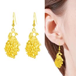 Dangle Earrings Pure Gold Colour Peacock Shape Drop For Women Fashion 24K GP Animal Accessory Statement Wedding Jewellery