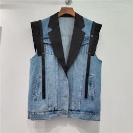 Women's Vests Spring Contrast Colour Suit Collar Patchwork Denim Vest Women Fashion Ruffled Sleeveless Jeans Jacket Casual Short Waistcoat