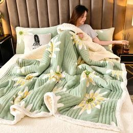 BlanketSynthetic Lamb's Wool Autumn Winter Warm Blanket for Bed 3 Layers Thicken Milk Velvet Blanket Warmth Fluffy Weighted Blanket 240118