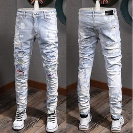 Design Denim Stretch Jeans Biker Fit for Mens Slim Painted Patch Trim Leg Cowboy Pants Male Purple Jeans High Quality Trendy Streets Hip Hop Brand Original 65