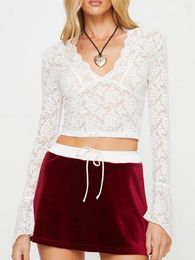 Women's Blouses Women Sheer Lace Floral Shirt Fitted Tops White Blouse Long Sleeve V Neck Bodycon Thin Crop Top Aesthetic See Through