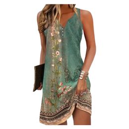 Damenkleid, Sommermode, Nähte, V-Ausschnitt, lockerer Bohemian-Urlaub, Damen-Basic, ärmelloses Tank-Top-Kleid