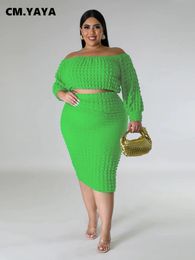CM.YAYA Plus Size Women Stretch Bodycon Midi Skirt Set and Off Shoulder Long Sleeve Tops Matching Two 2 Piece Set Outfits 240127