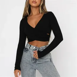 Women's T Shirts Trendy V Neck Spliced Form Fitting Long Sleeve Crop Tops For Women Exposed Navel
