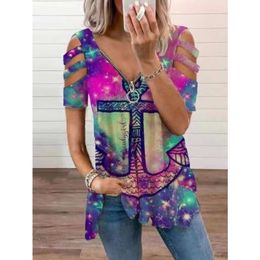 Designer women's clothing New women's V-neck zip Pullover printed short sleeve loose T-shirt women's top summer fashion ladies blouses Plus size woman clothesQHE1