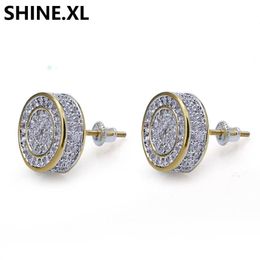 925 Sterling Silver Iced out CZ Premium Diamond Cluster Zirconia Round Screw Back Stud Earrings for Men Hip Hop Jewelry258P