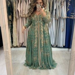 2021 Dark Sage Arabic Moroccan Kaftan Prom Dresses A Line Applique Gold Lace Beaded Muslim Long Sleeve Formal Evening Gowns Prom P281s